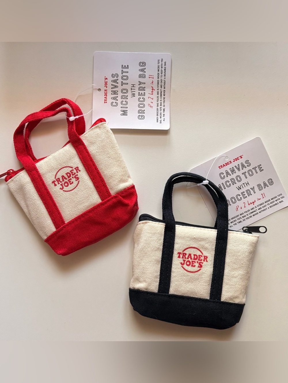 Trader Joe's Canvas Micro Totes with grocery bags (set of 2), blue & red